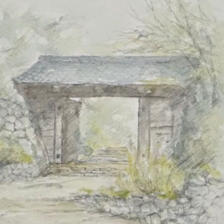 大塩忠雄 城門 水彩画 色紙 肉筆 原画 絵画 芸術 美術 額装 美術品