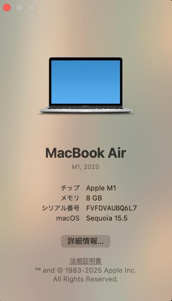 美品 MacBook Air 13-inch 2020 M1 8GB/256GB