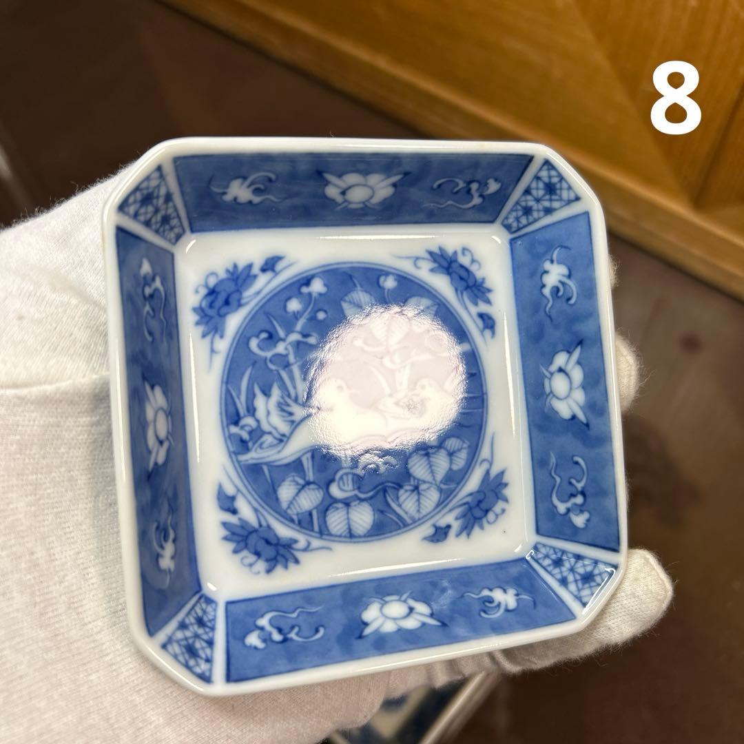 深川製磁　染付鴛鴦　猪口付角深皿揃　美品