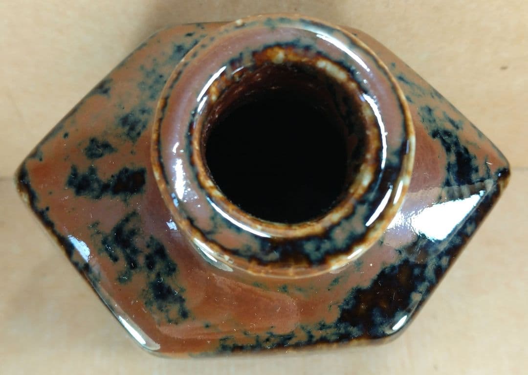 ポコ！河井寛次郎 柿釉六角扁壷 河井敏孝識箱 美品 民藝の巨匠