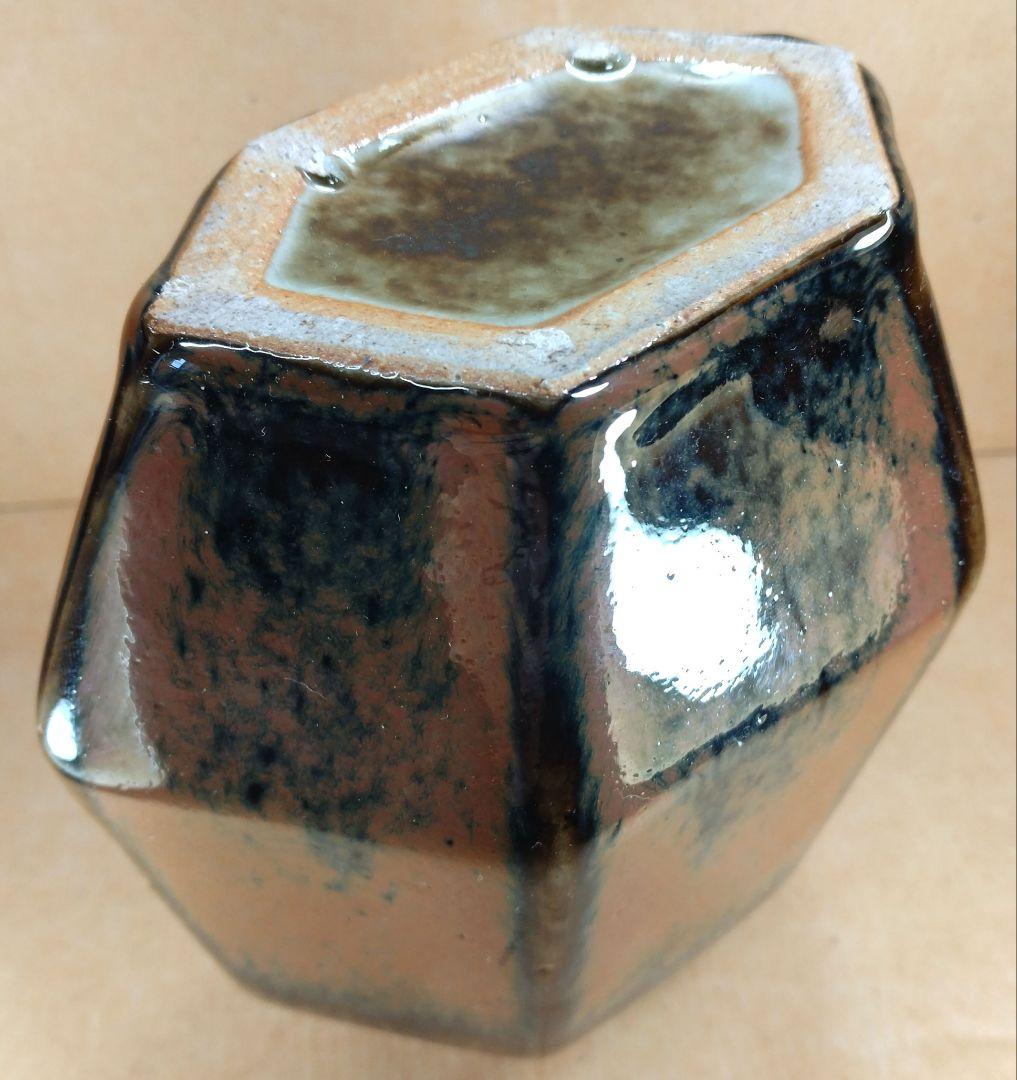 ポコ！河井寛次郎 柿釉六角扁壷 河井敏孝識箱 美品 民藝の巨匠