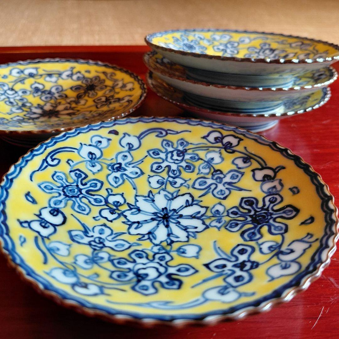 清水焼　黄彩花唐草小皿　 双楽窯作 5枚セットです。 新品　未使用です。
