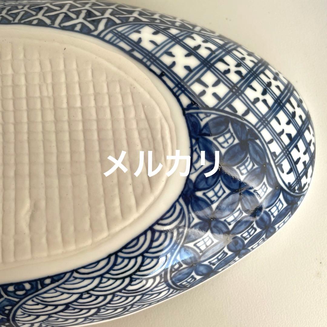 有田焼　幸麓窯　楕円皿　手描き染付　大皿　盛り皿　祥瑞山水　牡丹唐草　美品
