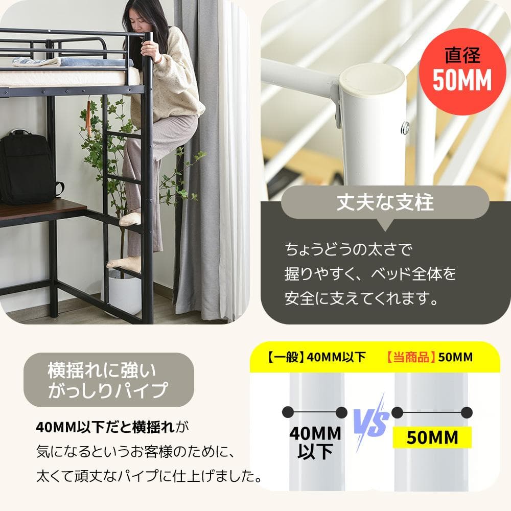 宮棚システムベット（S）コンセント・デスク付き 　二段ベッド 耐震　WHITE