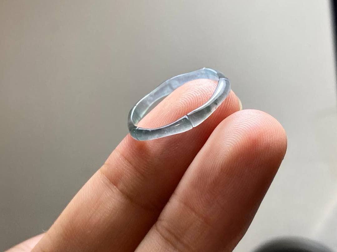 L13-217細身高氷種竹節リング13.5号グアテマラ産A貨本翡翠くりぬき黒翡翠