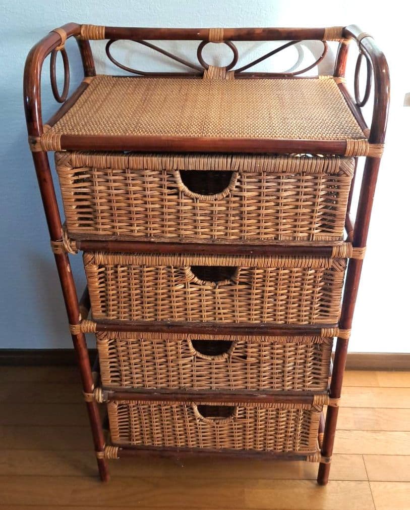 籐　ラタン製　4段収納　ラタンチェスト　アンティーク　アジアン家具　インテリア