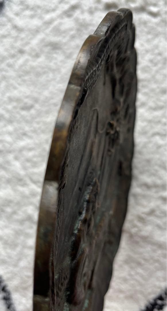 古い葵口銅皿　龍　虎　彫り　銘文有り　唐物　中国？