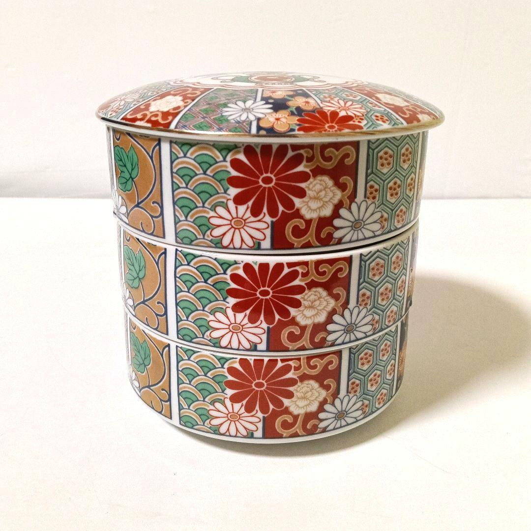 有田焼 田扇作 古伊万里 蓋付き三段丸重