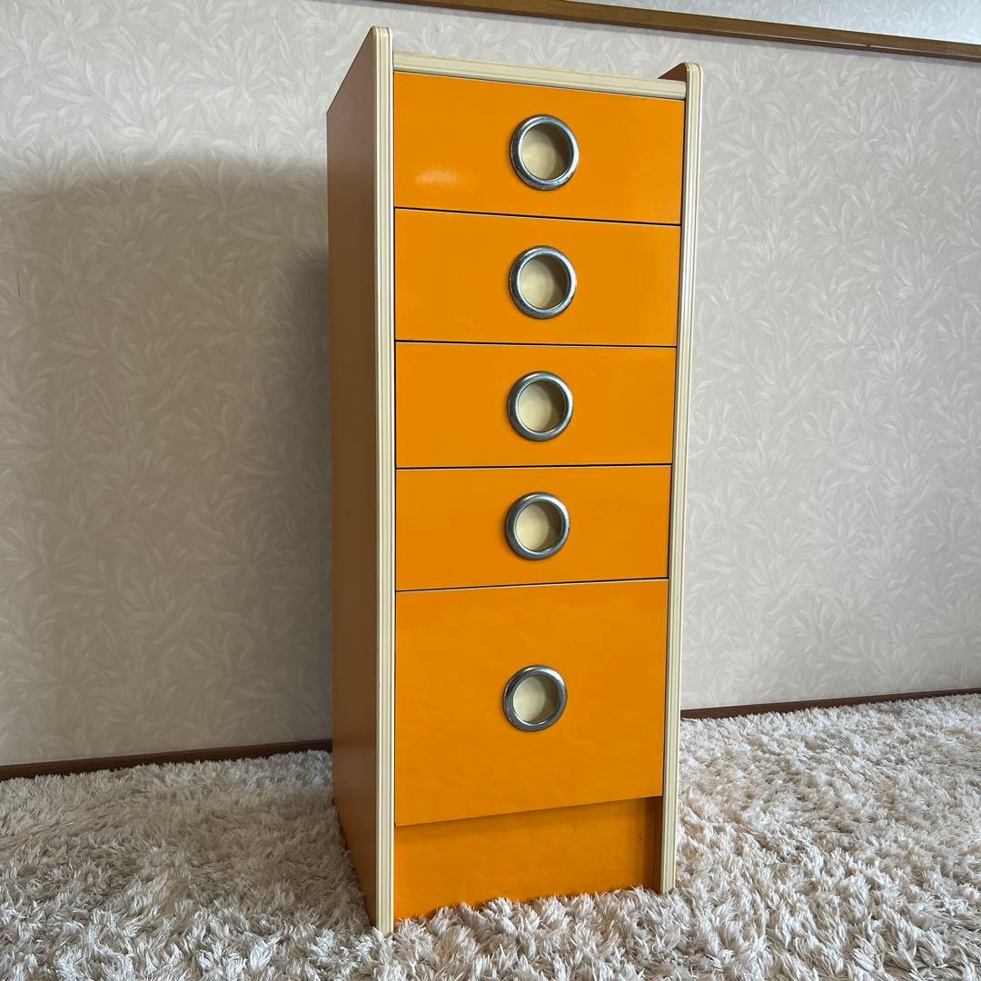 昭和レトロ オレンジ色 引き出し収納 チェスト 箪笥5段 レトロポップ 当時物