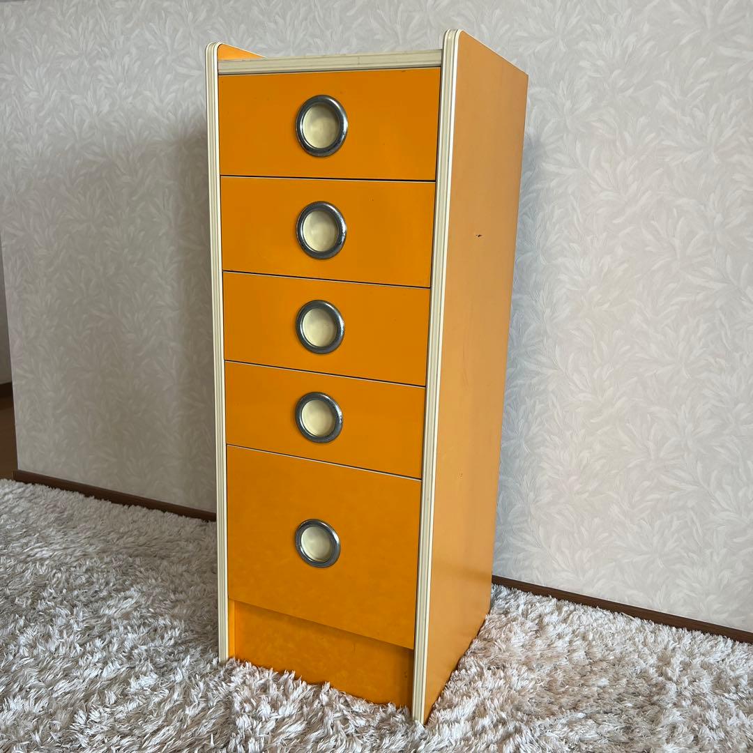 昭和レトロ オレンジ色 引き出し収納 チェスト 箪笥5段 レトロポップ 当時物