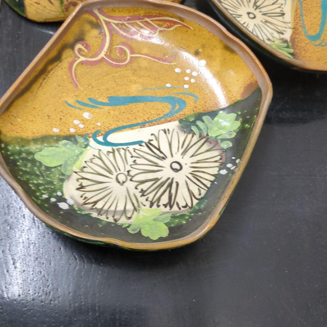 骨董　向付　水流に菊　角皿　色絵　皿　陶器　アンティーク　5枚
