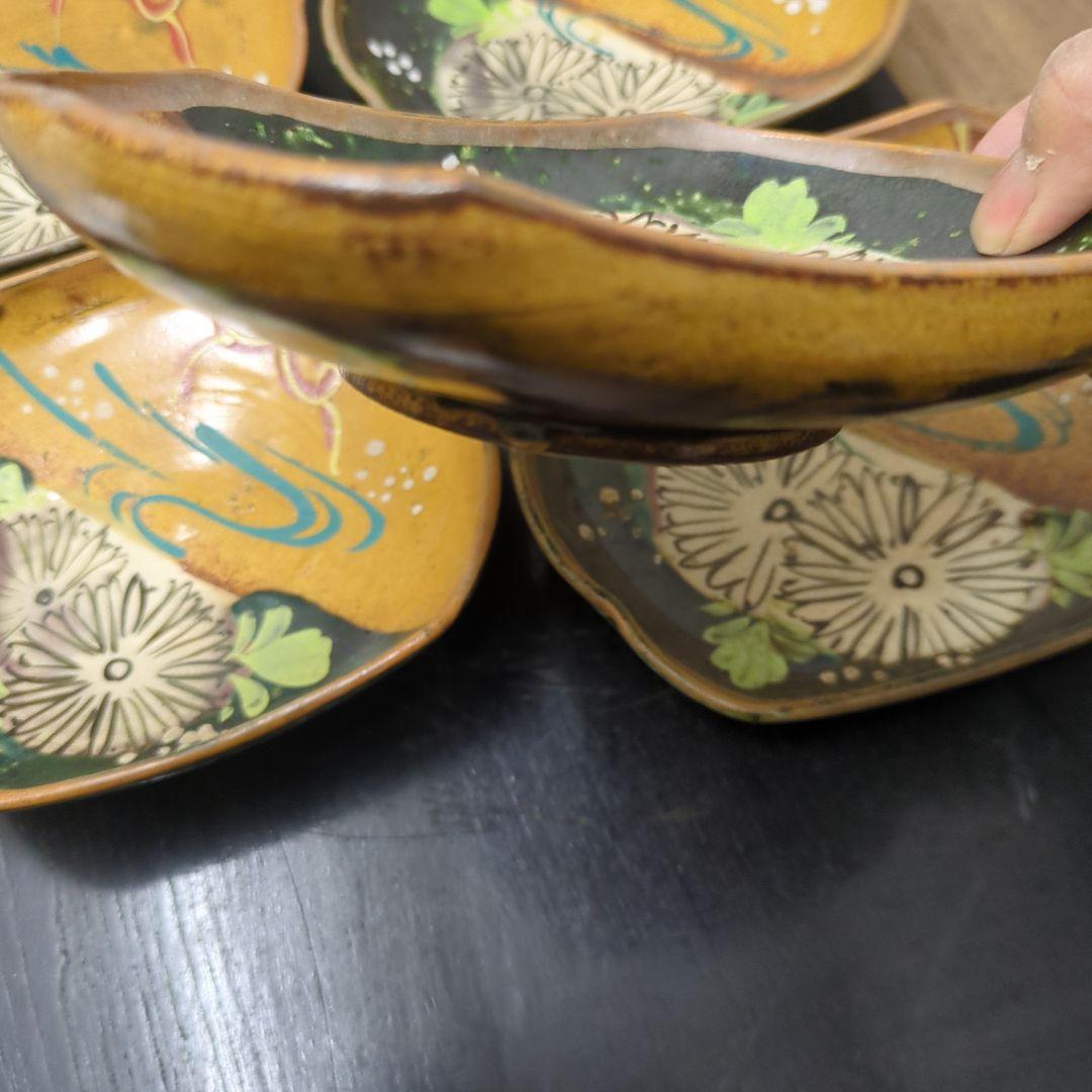 骨董　向付　水流に菊　角皿　色絵　皿　陶器　アンティーク　5枚