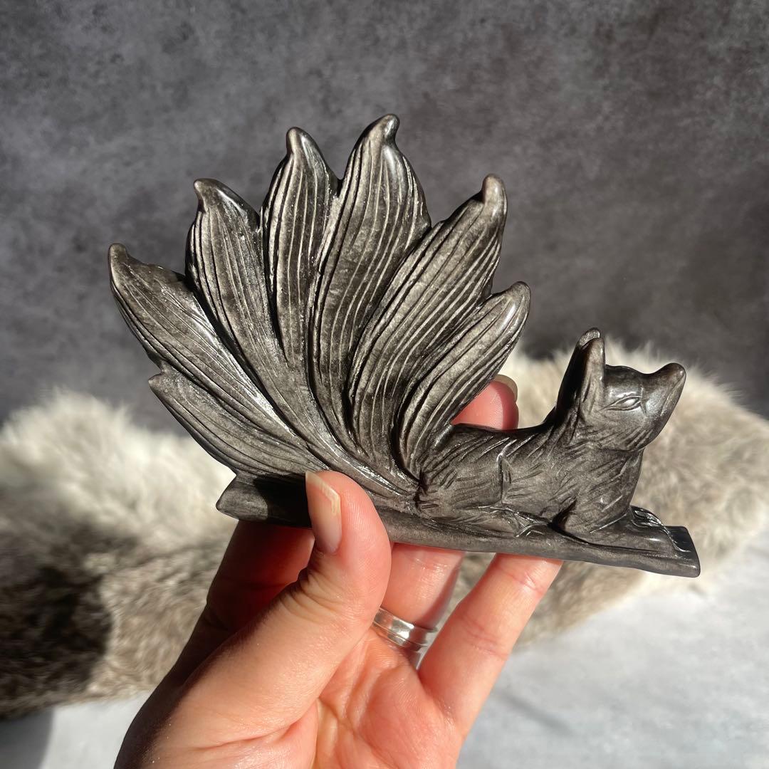 シルバー オブシディアン 九尾 高品質 手彫り