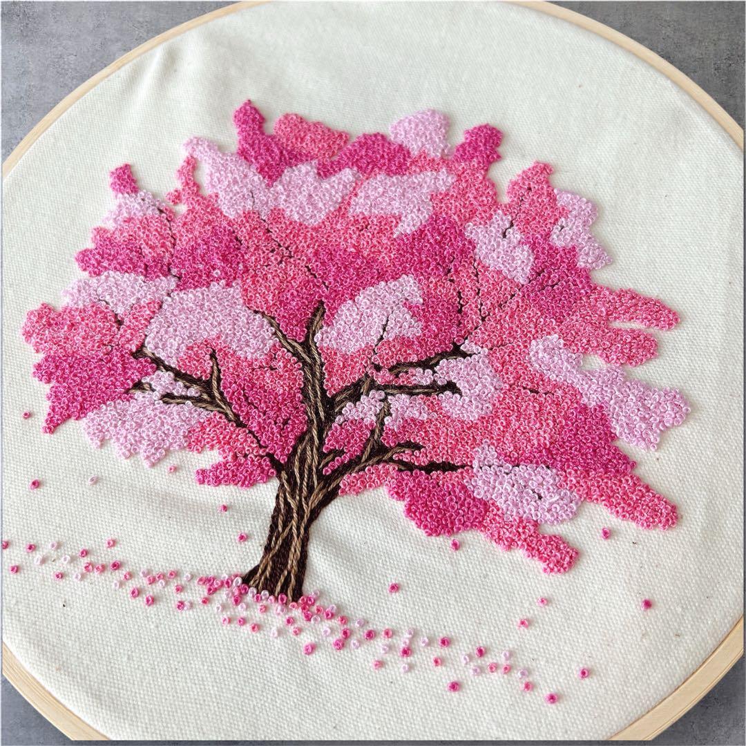 桜 刺繍 フレンチノットステッチ ハンドメイド 刺繍枠インテリア 20cm