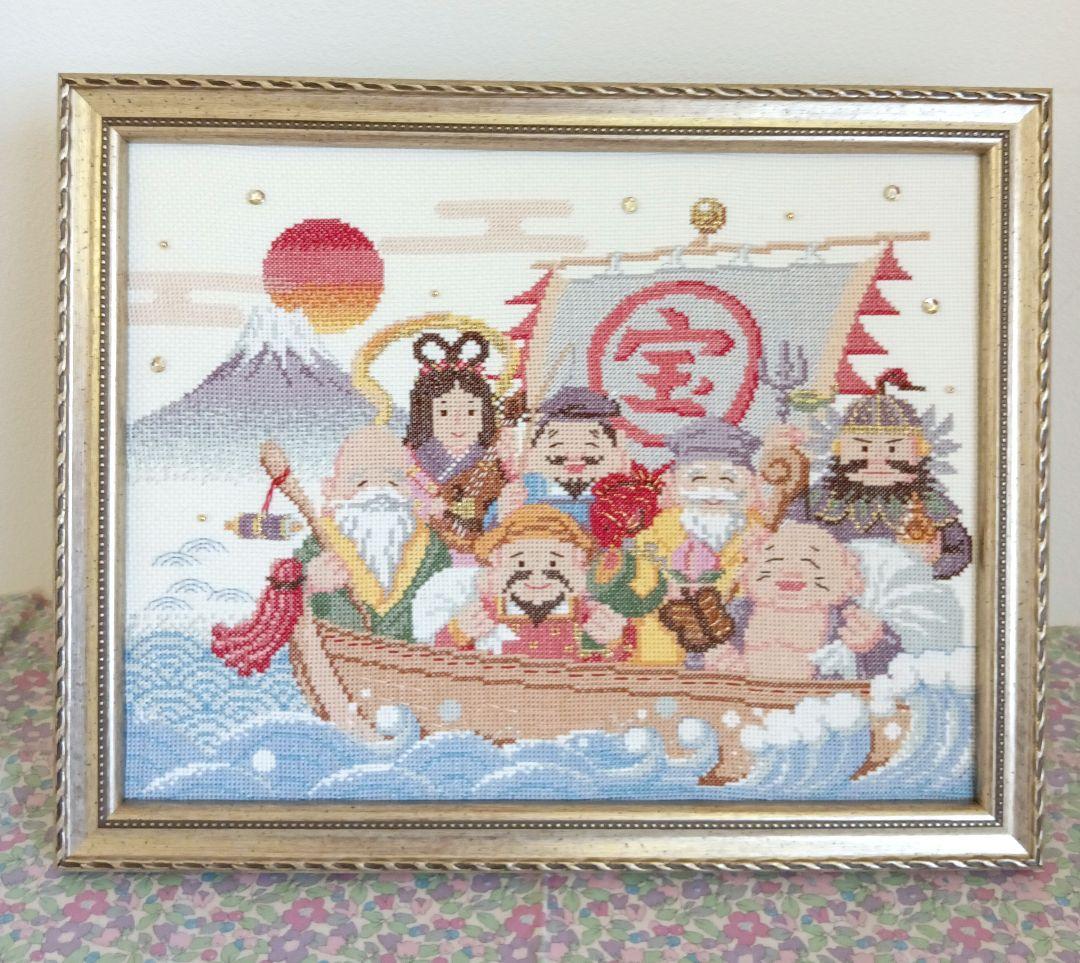 ◆完成品◆ホビーラホビーレクロスステッチフレーム〈七福神のしあわせ宝舟〉