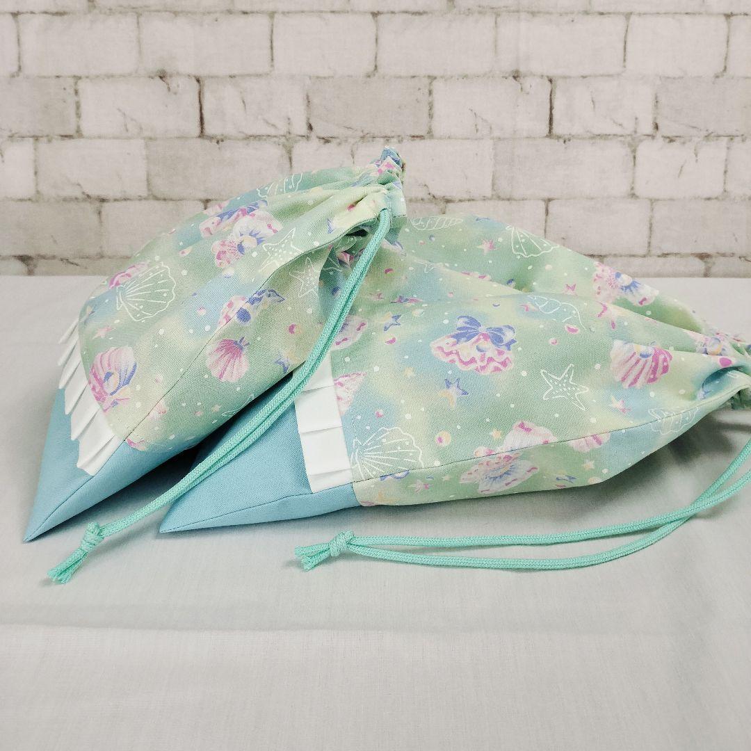 K♡様オーダー分　入園入学セット　グリーンシェル×水色　手提げ袋　体操服袋他