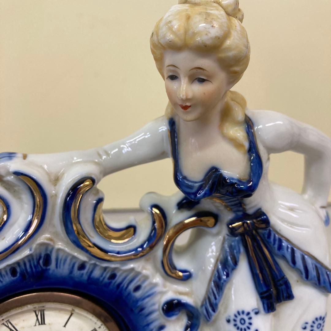 E3 ジャンク品 置き時計 陶器製 ロココ調 フィギュリン 貴婦人 アンティーク