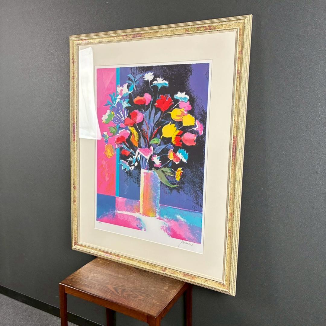 美品 ポール・ギヤマン「紫の背景の赤と黄色の花束」リトグラフ 大作 直筆サイン入