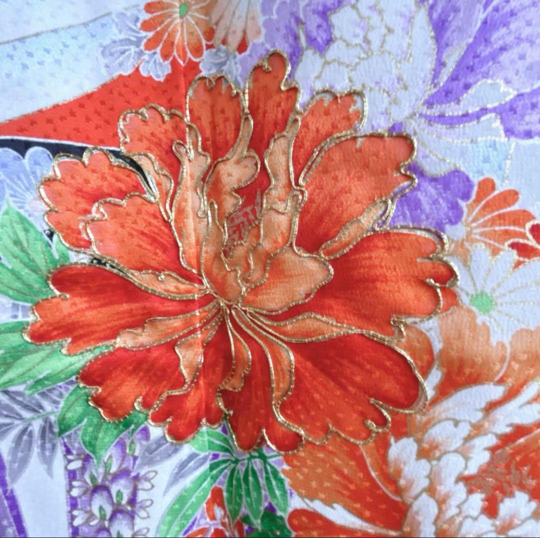 フルセット　七五三７歳女の子　着物　朱地　薄手　緑袋帯　小物セット