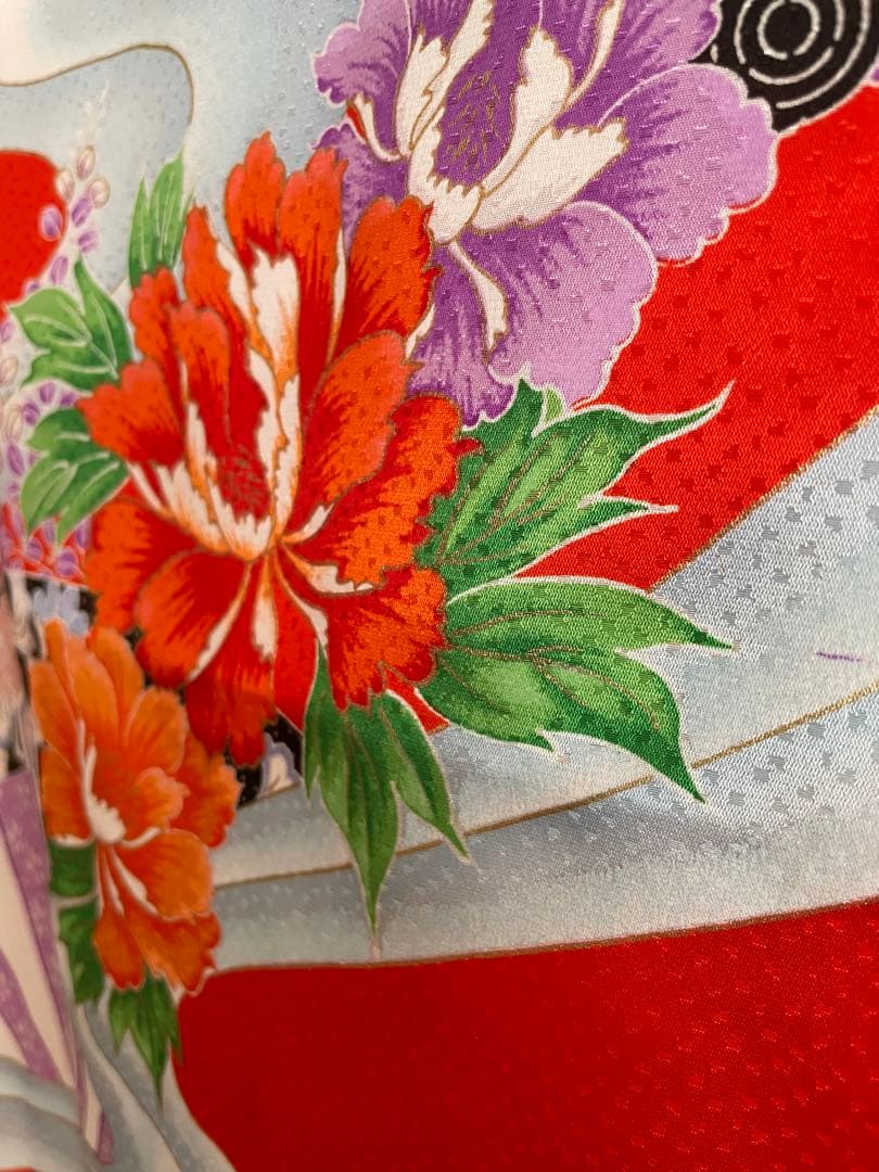 フルセット　七五三７歳女の子　着物　朱地　薄手　緑袋帯　小物セット