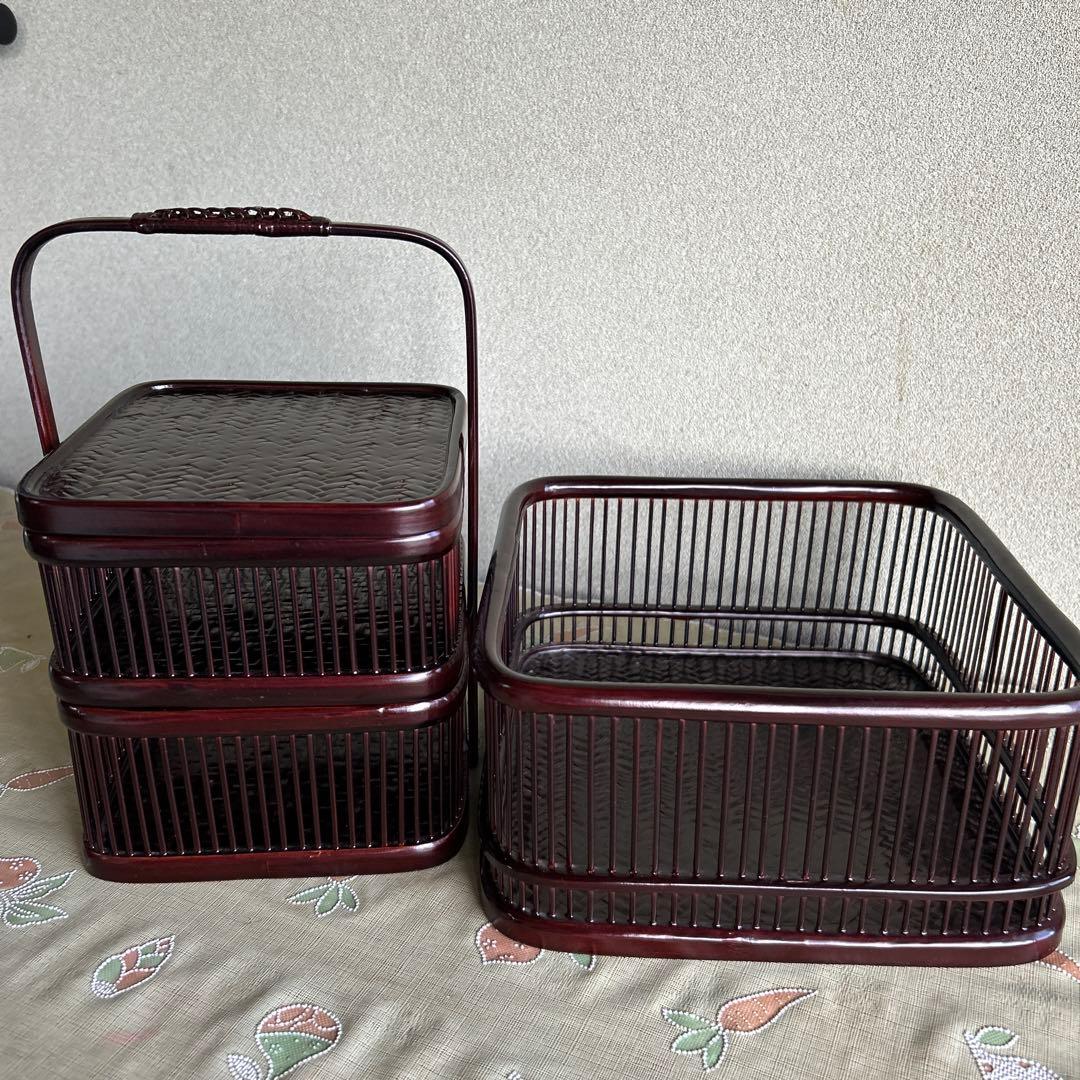 昭和レトロ 竹製 かご 竹籠　二段　昔の道具　民芸品　アンティーク