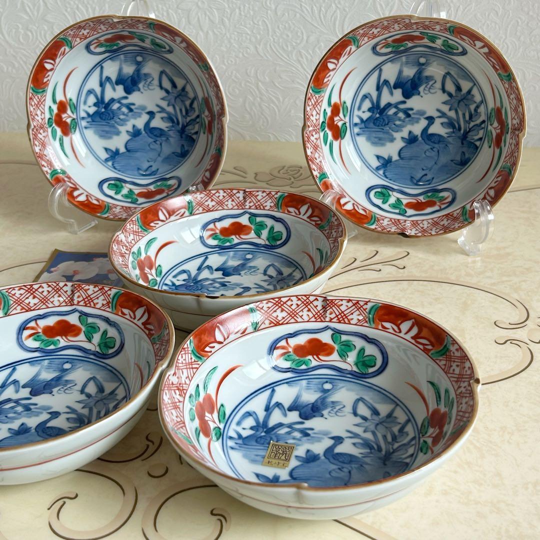 三洋陶器　龍峰窯　つみき　赤絵　染付山水　中鉢揃　5枚セット　小鉢　古伊万里色絵