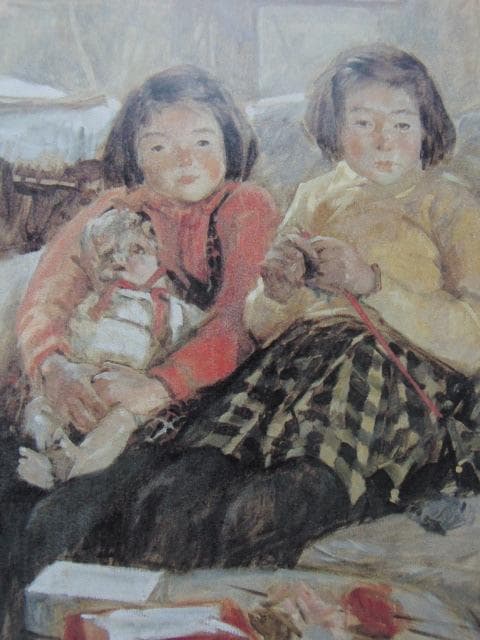 小磯良平、【二人の少女（座像）】、希少な大判額装用画集より、美品、新品額装付