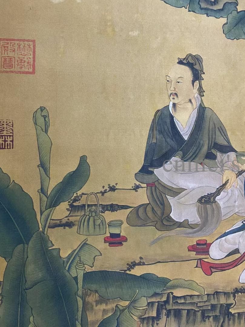 中国古美術 五代 周文矩款 人物画 水墨画 掛軸 絹布 唐物 古画 書画 肉筆