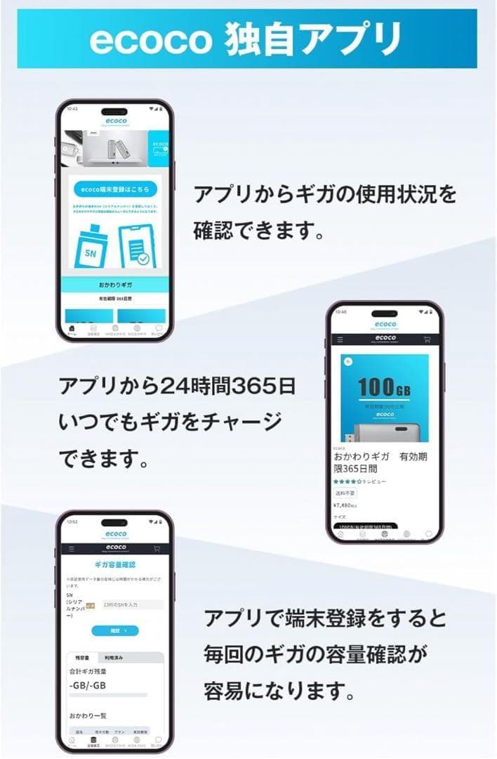 【ecoco】1年間 100ギガ 付 USB型 ポケット Wi-Fi 契約不要