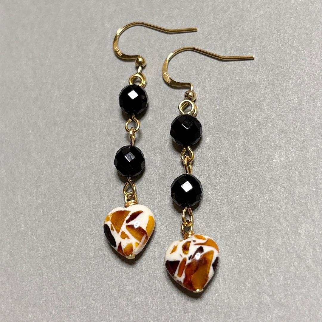 14kgf クラックアンバー オニキス ピアス イヤリング 天然石 k14gf