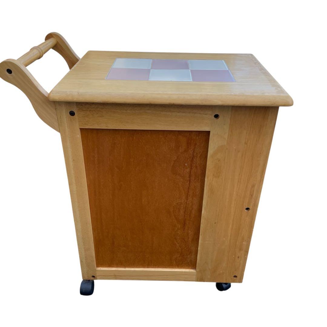 木製キッチンワゴン　タイル天板 チェッカー柄　ホワイト×ピンク　送料込