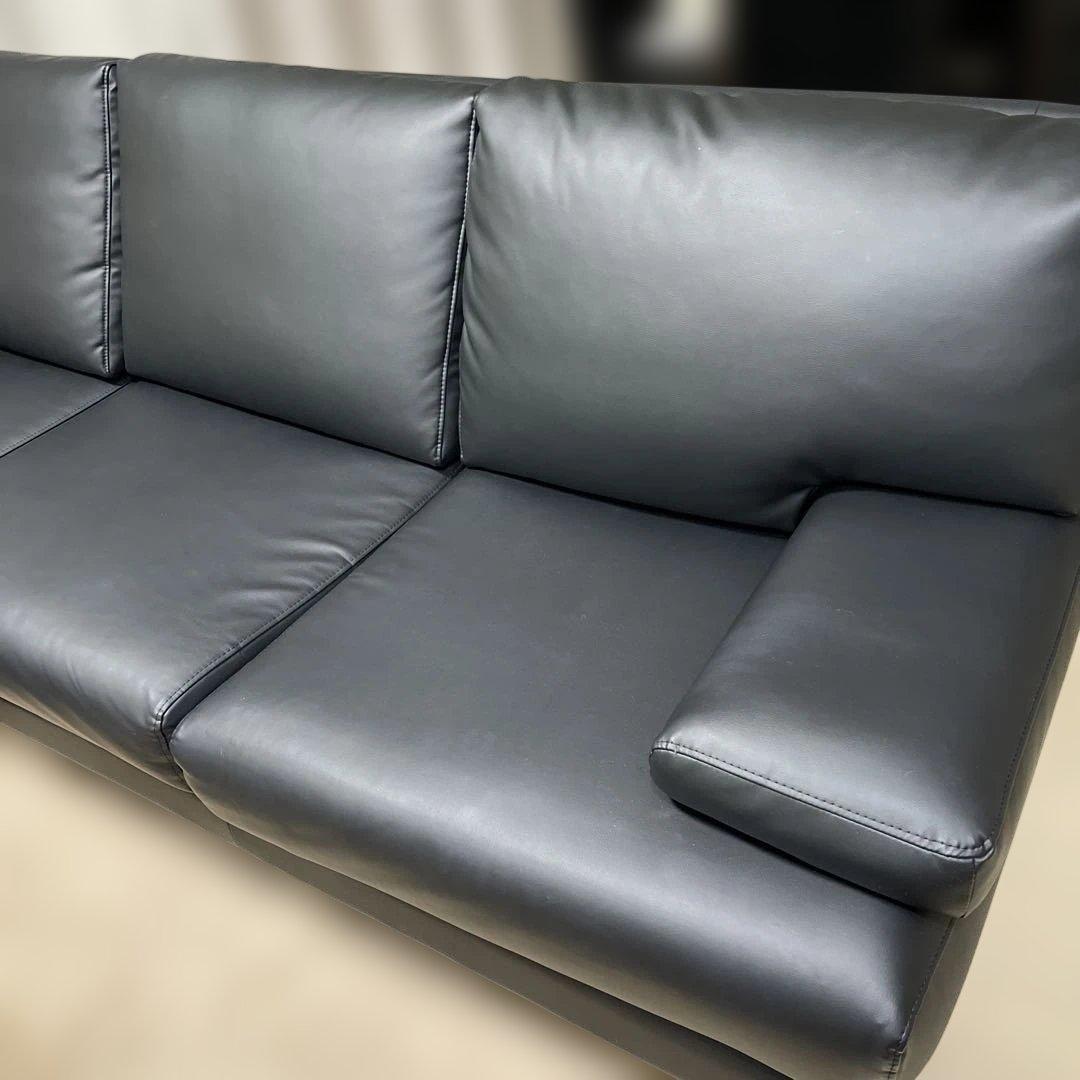 大塚家具 ［3人掛］カウチソファ「ベローナ2」 ソフトレザーブラック色
