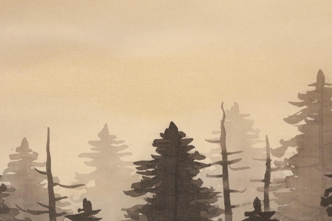 【真作】 鈴木彰 作　『 大正池 』 日本画 掛軸 絹本 大幅 共箱 BE983