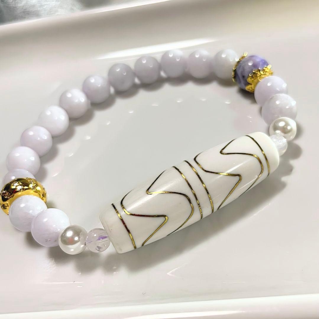 【四線虎牙天珠】金線 ラベンダー翡翠 アメシスティン レインボームーン 高品質