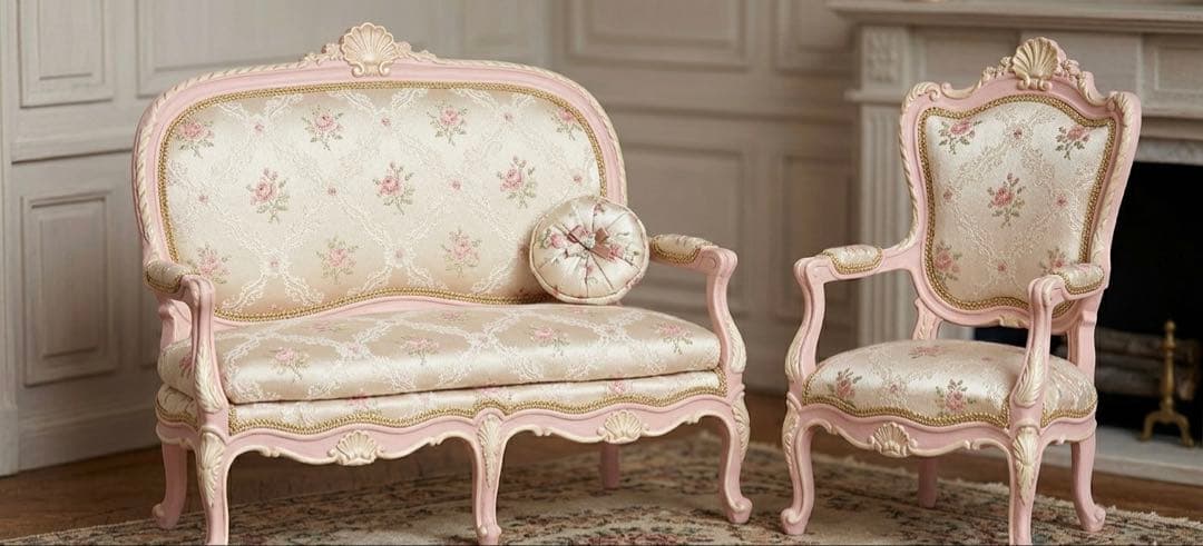 ハンドメイドミニチュア家具 ロココ調イス&ソファセット