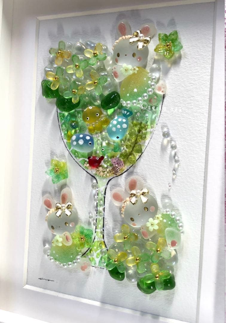紫陽花アクアリウム うさぎ インテリア シーグラスアート 置物 メロンソーダ 緑