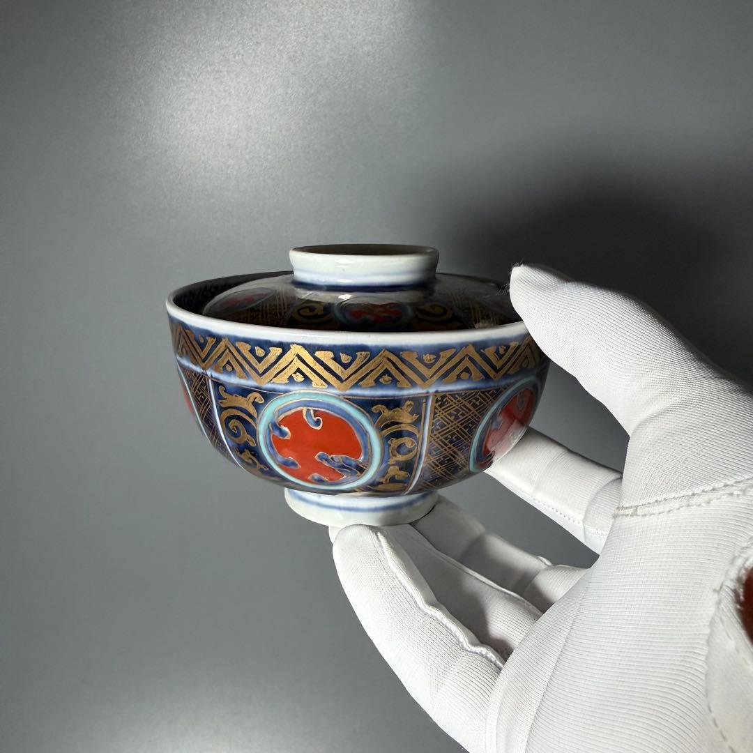 江戸後期　古伊万里　瑠璃金彩丸文様蓋物　五客　赤絵柘榴　器が素敵な料理屋