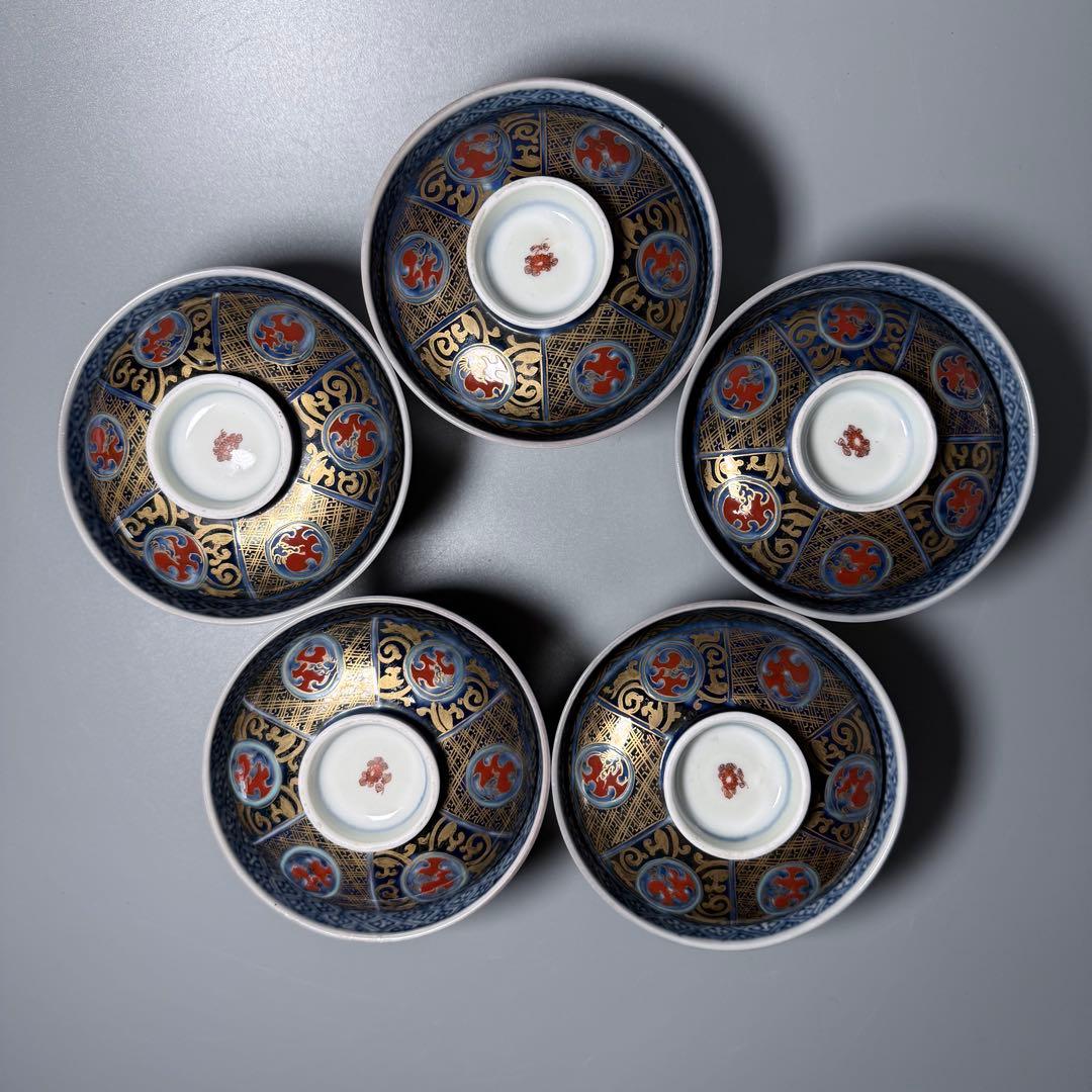 江戸後期　古伊万里　瑠璃金彩丸文様蓋物　五客　赤絵柘榴　器が素敵な料理屋