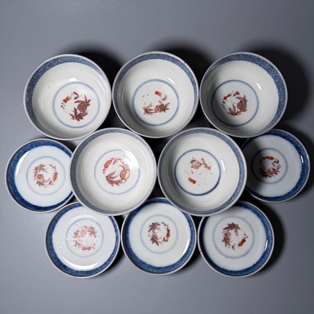 江戸後期　古伊万里　瑠璃金彩丸文様蓋物　五客　赤絵柘榴　器が素敵な料理屋