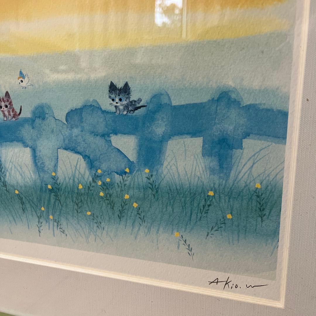 渡辺あきお水彩画 猫と小鳥 「ひととき」585/800