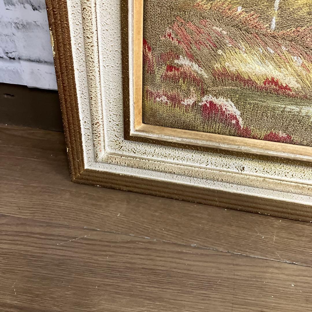 【希少】風景画 刺繍アート 額装品 アルプス 山小屋 川辺