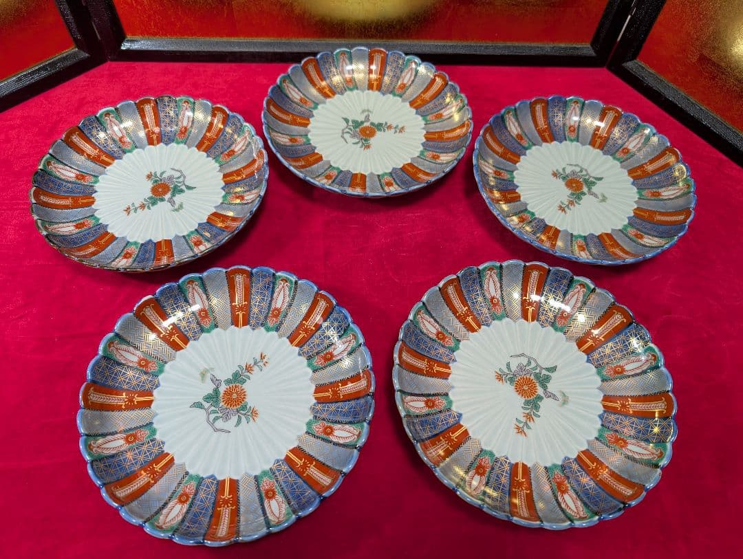 林九郎窯　染錦地紋　中皿揃