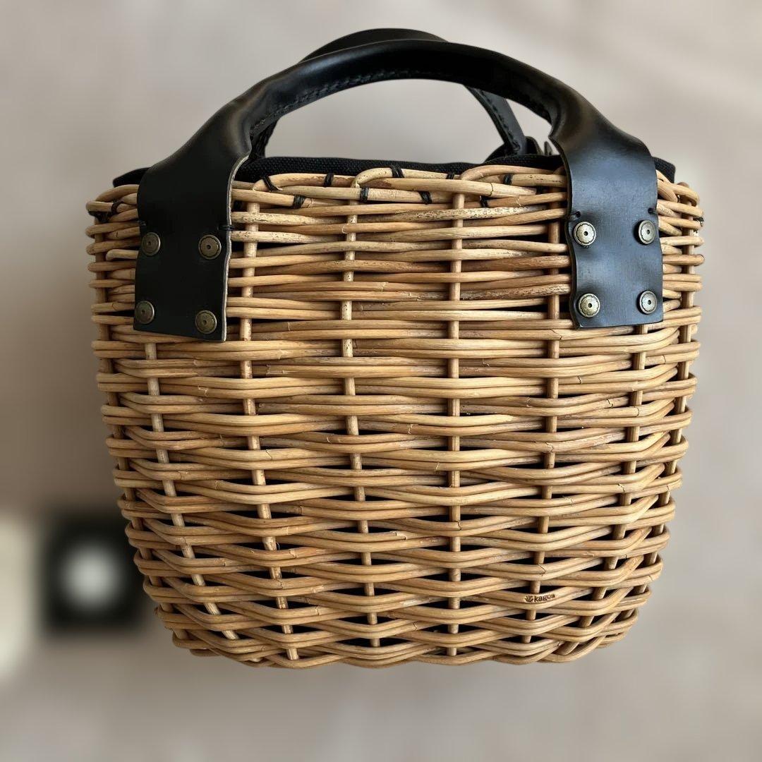 エバゴス♡2本編みカゴバッグ♡紅籐♡ブライドルレザー♡ブラック♡美品♡日本製