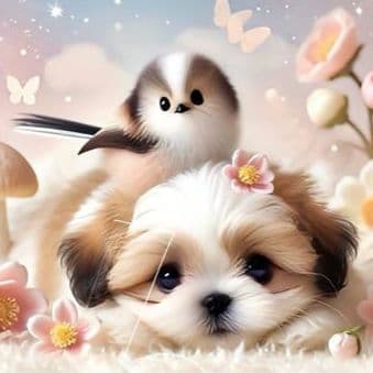 ポメラニアン、柴犬、チワワ、シーズとシマエナガパネル生地　ハンドメイド