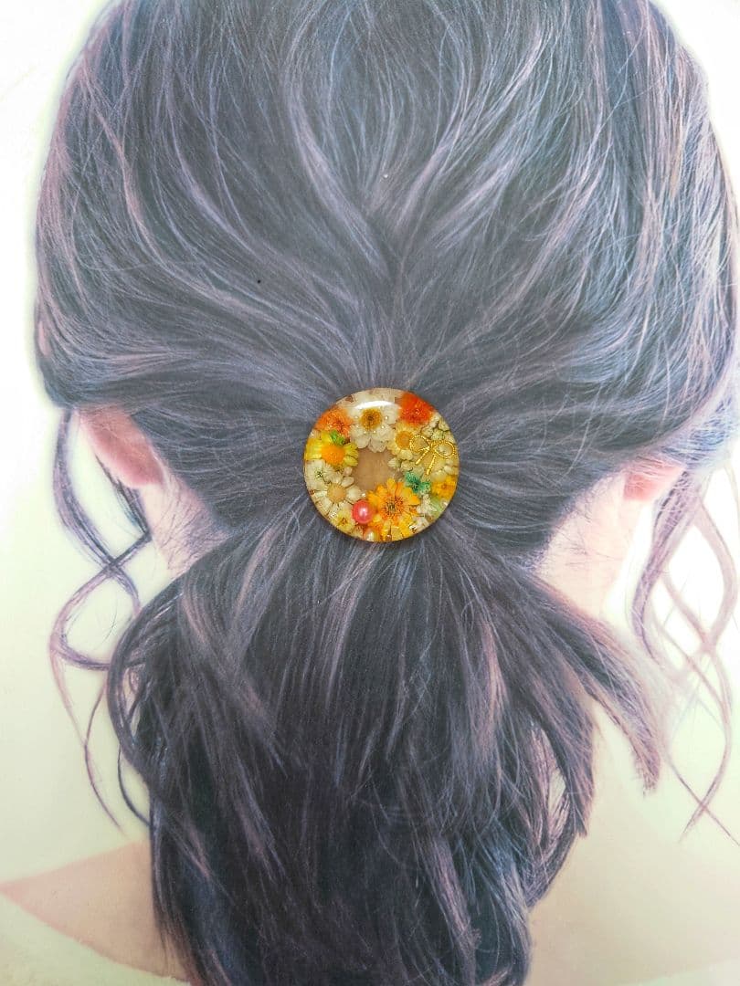 レジン　猫　ドライフラワー　ヘアゴム　ブローチ　ポニーフック　No.589