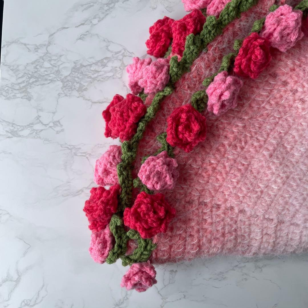 編み物バラブーケ 花束ブランケット ピンク、赤