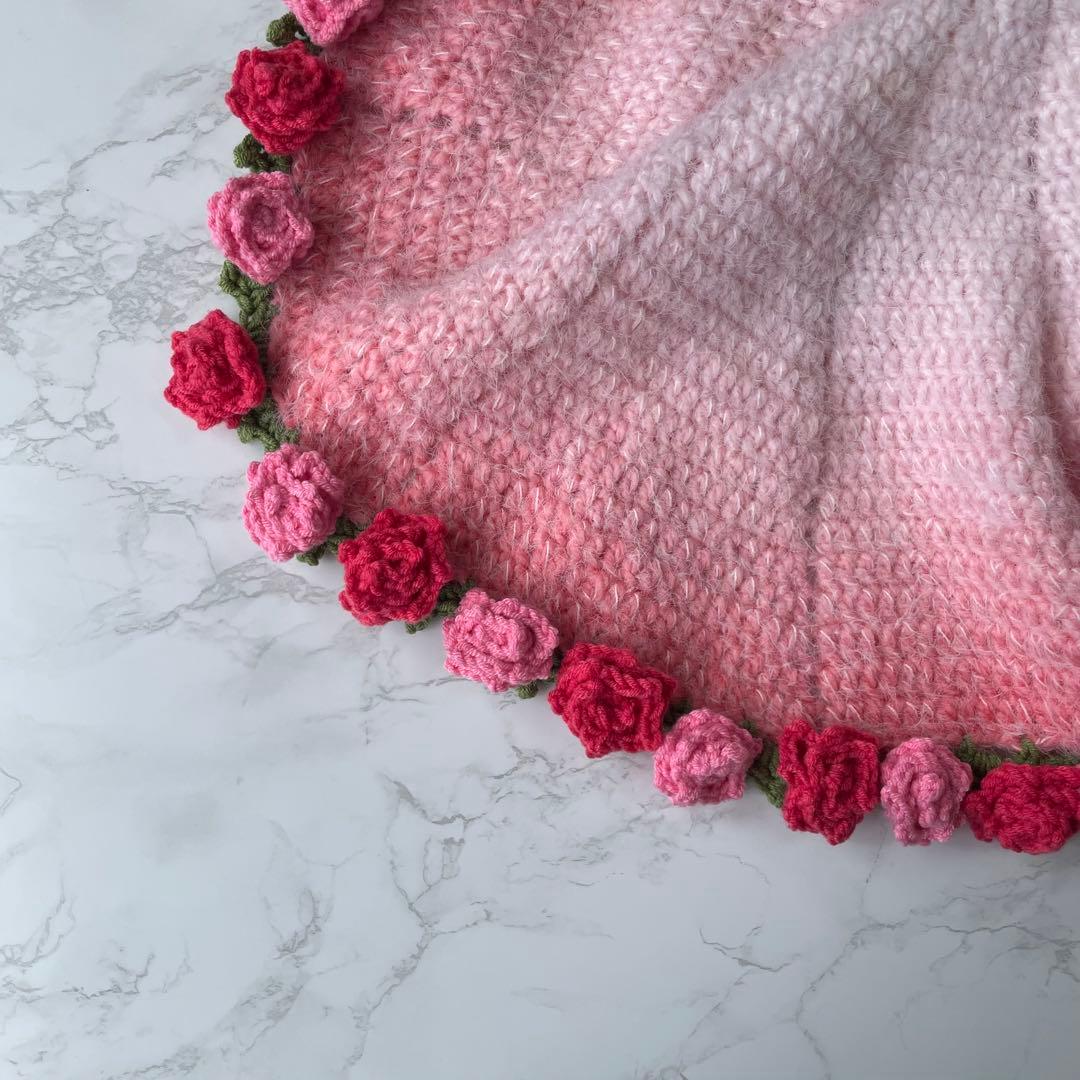 編み物バラブーケ 花束ブランケット ピンク、赤