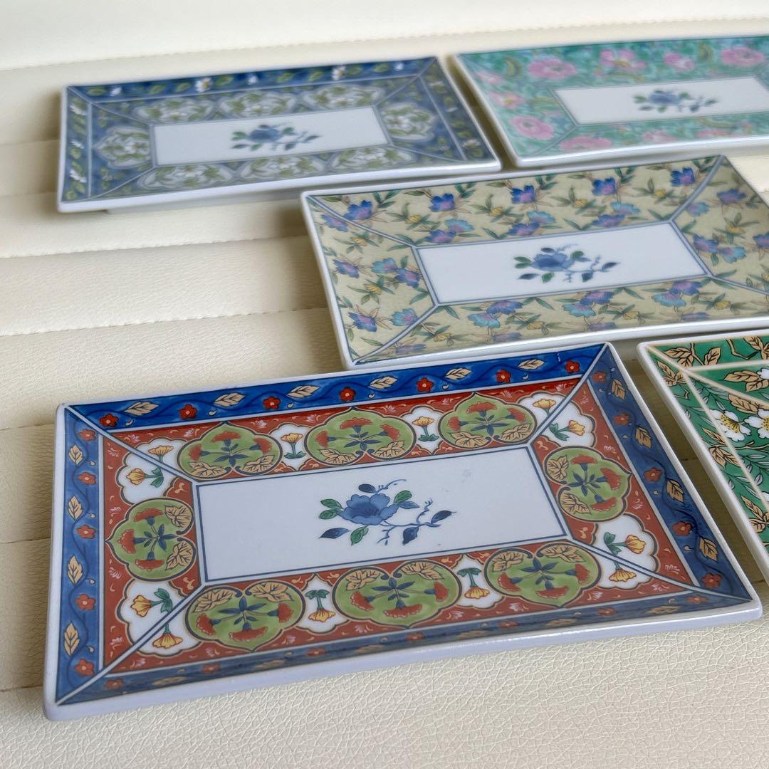 有田焼　林斎　絵変わり　長角皿揃　5枚　銘々皿　長皿　色絵　金彩　椿　古伊万里