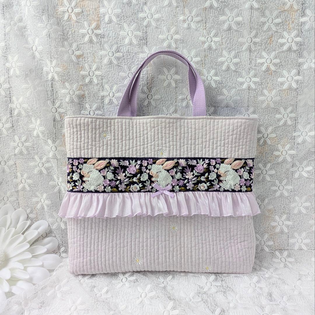 入園入学2点セット　手提げ　上履き袋　マーガレット　ヌビ　白うさぎ　刺繍リボン