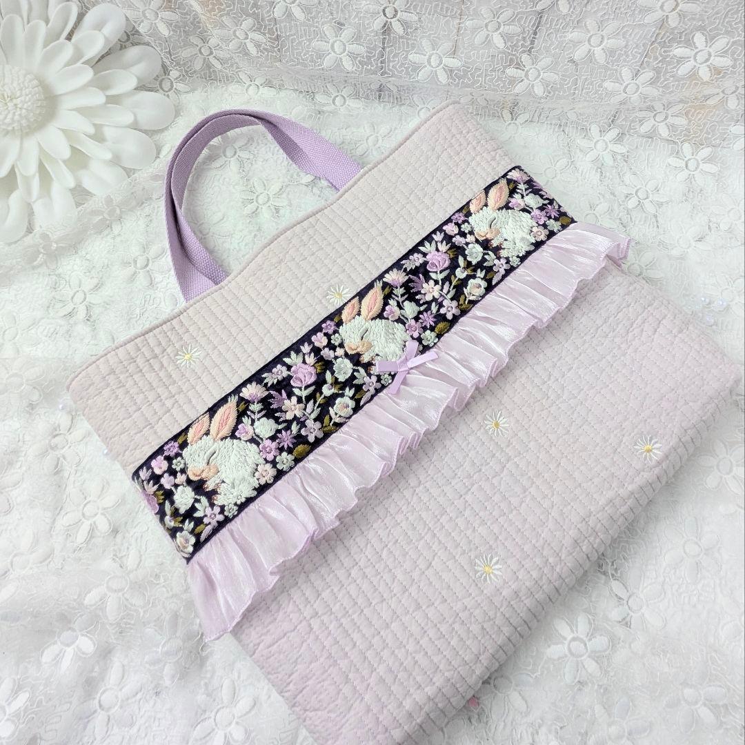 入園入学2点セット　手提げ　上履き袋　マーガレット　ヌビ　白うさぎ　刺繍リボン